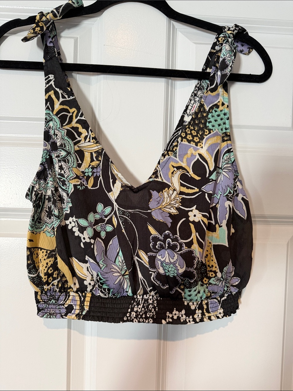 Floral Tie-Shoulder Cropped Tank Top - Black with Lavender & Mint